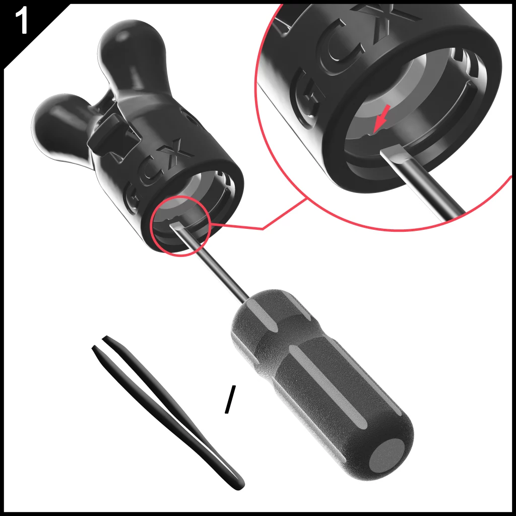 remplacer le joint d'un GC-POP-R étape 1 : retirer l'ancien joint à l'aide d'une pince à épiler ou d'un tournevis plat en faisant levier à l'endroit de l'ergot sur le joint
